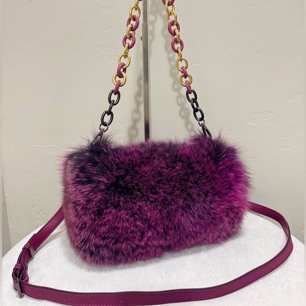 Magenta Premium Fox Fur Handmade Shoulder Bag, 2 Tone Real Fox Fur Crossbody